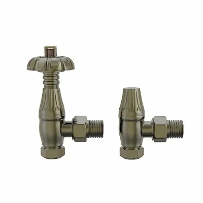 Image of NRG Traditional Antique Angled Central Heating Radiator Valve 15mm Thermostatic Lockshield Valves Polished Brass