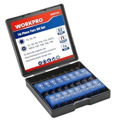 Image of WORKPRO Security Torx bit Set 16pcs, Tamper Proof S2 Steel Star Set, 1/4 inch Hex Shank, Screwdriver with Magnetic Tips in Storage Box for DIY, Car Repairs