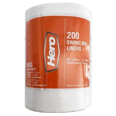 Image of Hero Swing 45l Bin Bags White Strong Refuse Sacks Tear Resistant, Easy Dispense, Recycled Plastic Roll of 200 Household, Work, Office &amp; Commercial