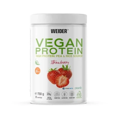 Image of Weider Vegan Protein (750g) Strawberry Flavour. 23g Protein/dose, Pea Isolate (Pisane) &amp; Rice Proteins. with Vitamin B12 Stevia. Gluten Free, Sugar Free. Packaging 50% Recycled, 100% Recyclable