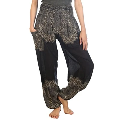 Image of Lofbaz Harem Pants for Women Yoga Boho Hippie Clothing Womens Palazzo Bohemian Pajama Trousers Beach Indian Gypsy Genie Clothes Floral 1 Black XXL
