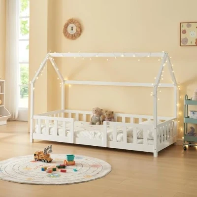 Image of [en.casa] Children&#039;s bed Sisimiut house 90 x 200 cm with fall out protection wooden for children floor slatted frame pine wood white matt