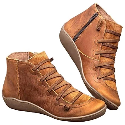 Image of Ladies Arch Support Leather Ankle Boots Comfy Comfortable Flat Walking Booties Waterproof Anti Slip Indoor Outdoor Shoes Brown 5 UK