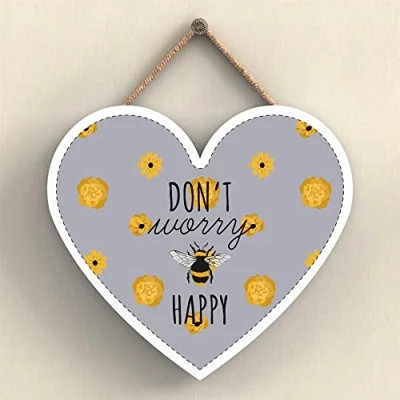Image of Global Designs Don&#039;T Worry Be Happy Grey Bee Themed Decorative Wooden Heart Shaped Hanging Plaque