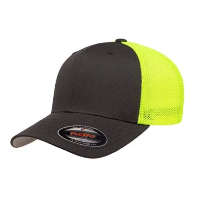 Image of Flexfit Unisex&#039;s Mesh Fitted 2 Tone Cap, Charcoal/Neon Yellow, One Size