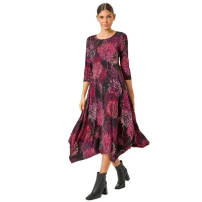 Image of Roman Originals Hanky Hem Swing Dress with Pockets for Women UK Ladies Asymmetric Hemline Stretch Jersey 3/4 Sleeve Winter Smart Casual Work Office Knee Length Tunics Wine Size 10