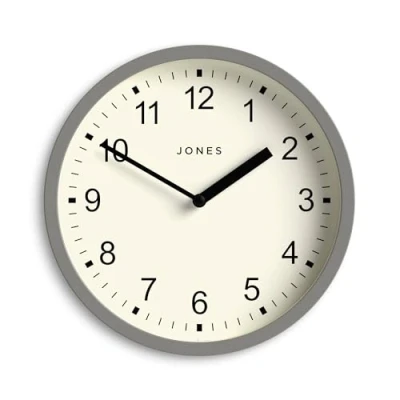 Image of Jones Clocks® The Spin Small clock Round Wall Kitchen Living Room Office Decorative Home Accessories Modern 20cm (Light Grey)