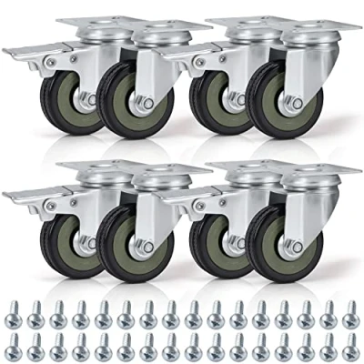 Image of Kurtzy Heavy Duty Black Swivel Castor Wheels (8 Pack) 50mm Casters with Rubber Wheels, Screws, Locking Brakes and Metal Plates Max Load 200kg / 440lbs for Trolleys &amp; Moving Furniture/Workbenches