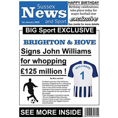Image of Personalised Brighton Newspaper Football Birthday Card (19 20)