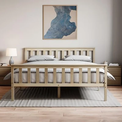Image of Vida Designs Milan King Size Bed, 5ft, Bed Frame, Solid Pine Wood, Headboard, High Foot End Bedroom Furniture,