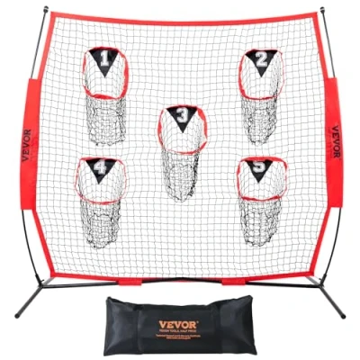 Image of VEVOR 6 x ft Football Trainer Throwing Net, Training Target Practice Net with 5 Pockets, Knotless Includes Bow Frame and Portable Carry Case, Improve QB Accuracy, Red