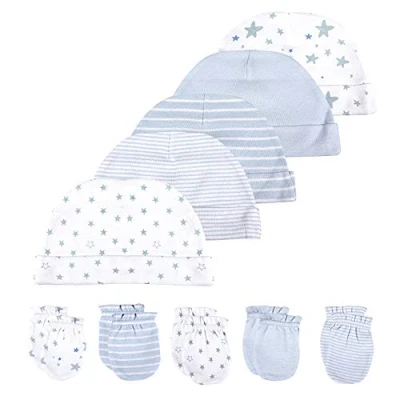 Image of Baby Hat and Mittens, Newborn Set, 5 Hats Pairs Mittens for Babies, Boys, Girls, Ages 0 6 Months, 100% Cotton, Blue