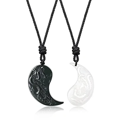 Image of COAI Yin Yang Obsidian White Jade Stone Phoenix Dragon Matching His and Hers Necklaces
