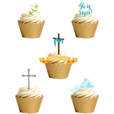 Image of 33 Stand Up Religious Christian Easter Themed Edible Wafer Paper Cake Toppers Decorations
