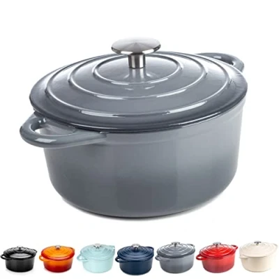 Image of Round Casserole Dish Cast Iron Ceramic Induction and Gas Safe Non Stick Dutch Oven Roasting Cooker with Lid 30cm 10 Year Gurantee (5.2L Casserole, Grey)