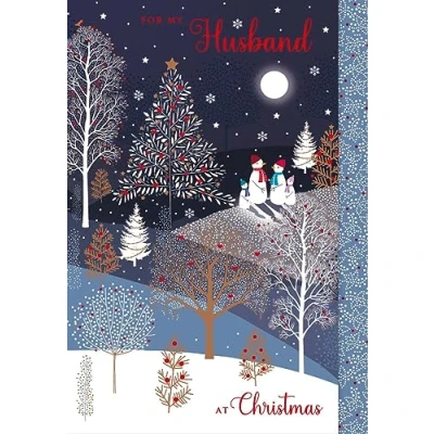 Image of Nigel Quiney Husband Christmas Card Snowman Family in Forest with Foil Finish Eco Friendly and Recyclable