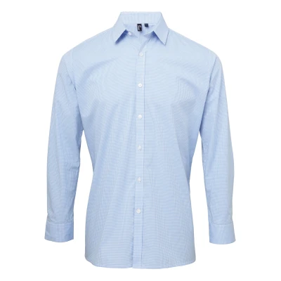 Image of Premier Mens Microcheck Long Sleeve Shirt (Light Blue/White) Blue &amp; White Cotton Size Medium