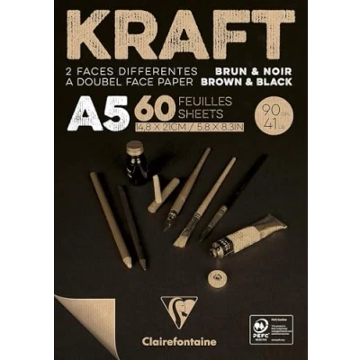 Image of Clairefontaine Ref 975817C Kraft Black and Brown Paper Pad (60 Sheets) A5 (148 x 210mm), 90gsm, Acid Free, pH Neutral, One Side &amp;