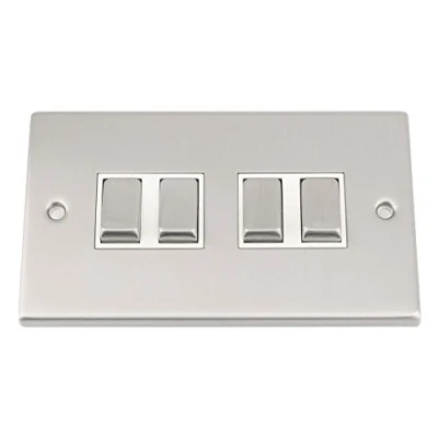 Image of Light Switch 4 Gang Satin Matt Chrome Square White Insert Metal Rocker 10 Amp 2 Way