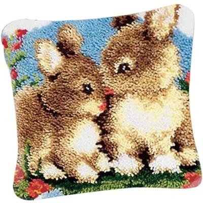 Image of EPRHAY Latch Hook Complete Cushion Cover Kit DIY Craft Needlework Crocheting Embroidery Two Rabbits Kits Rug Making Crafts for Kids Adults