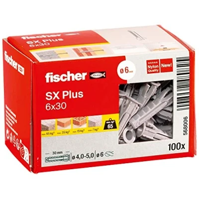 Image of fischer 568006 SX Plus Expansion Wall Plug, 6mm x 30mm, Pack of 100