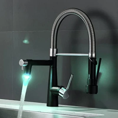 Image of TIMACO LED Kitchen Tap with Lock Shower Extendible 360 Swivel Single Lever Mixer &amp; Pull Down Spray High Pressure Brushed Nickel and Black