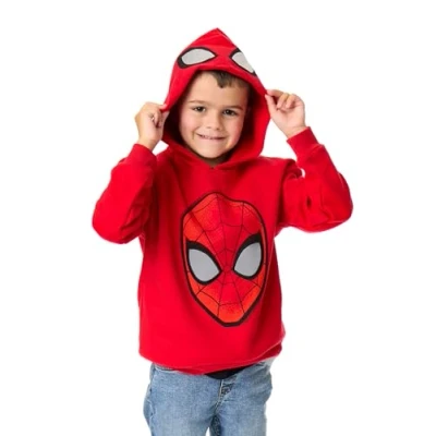 Image of Marvel Spiderman Boys Hoodie Kids Superhero Graphic Hooded Sweatshirt in Red Spider Man Mask with Eyes on the Hood Sweater Film Movie Apparel Comic Book Character Art Merchandise Gift