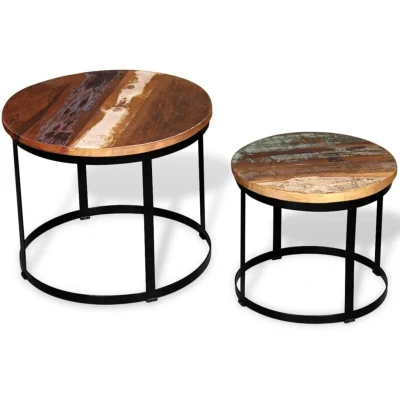 Image of vidaXL Two Piece Coffee Table Set Solid Reclaimed Wood Round 40cm/50cm