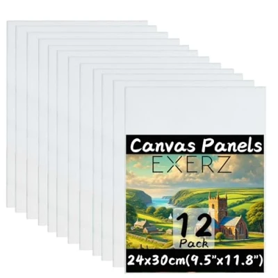 Image of Exerz Canvas Panel 24x30cm 12pcs, 3mm Board 280gsm 100% Cotton/Blank/Triple Primed/Acid Free/Medium Grain Oil &amp; Acrylic