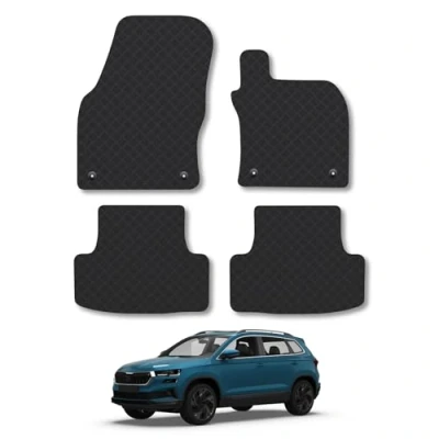 Image of Rubber Car Mats Compatible with Skoda Karoq (2017 ) Tailored Fit Floor Set Accessory Black Custom 4 Pieces Clips Anti Slip Backing, Heavy Duty &amp; Waterproof