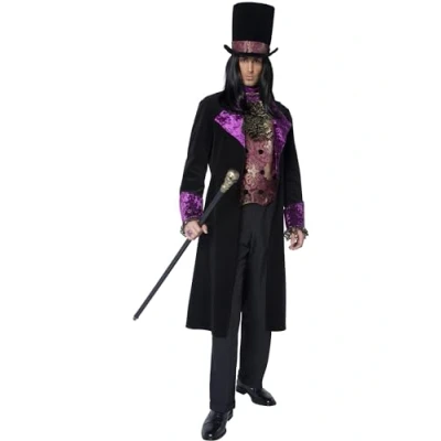 Image of Smiffys The Gothic Count Costume, Black Mock Waistcoat with Attached Cravat, Jacket &amp; Hat, Halloween Adult Fancy Dress, Vampire Dress Up Costumes
