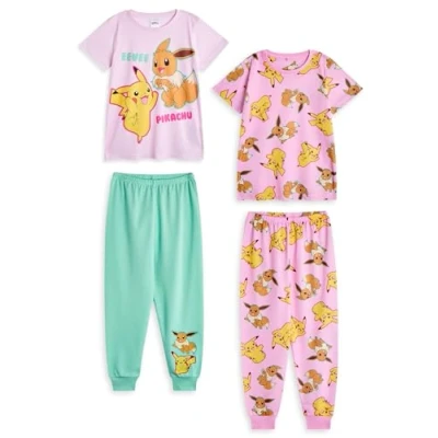 Image of Pokemon Girls Pyjama Set Kids Pikachu &amp; Eevee Graphic Short Sleeve Top Long Leg PJ Bottoms in Pink Green Childrens Character All Over Print Nightwear Animated TV Series Merchandise Gift