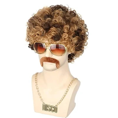 Image of Topcosplay 3 PCS Men&#039;s Wig 70s 80s Disco Dude Dirt Bag &amp; Moustache Necklace Short Curly Afro Shaggy Blonde Mixed Black