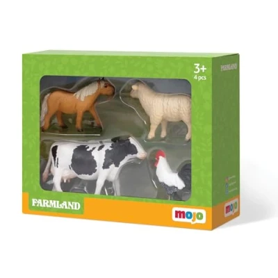 Image of MOJO Farmland Fun Starter Set with Shetland Pony, Holstein Cow, Romney Sheep Ewe and Cockerel Hand Painted Toy Figure Collection