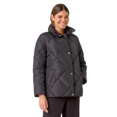 Image of Roman Diamond Quilted Puffer Coat for Women UK Ladies Autumn Everyday Winter Holiday Button Closure Comfy Long Sleeve Soft Pocket Detail Daywear Fully Lined Jackets Black Size 12