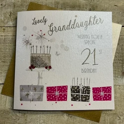 Image of WHITE COTTON CARDS Granddaughter 21st Happy Birthday Handmade Card, Pink, wb109,16cm x 16cm