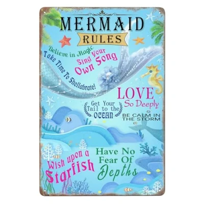Image of Mermaid Rules Metal Tin Sign Vintage Home Kitchen Garage Bar Cave Wall Nostalgic Decor Rustic 8x12 Inches