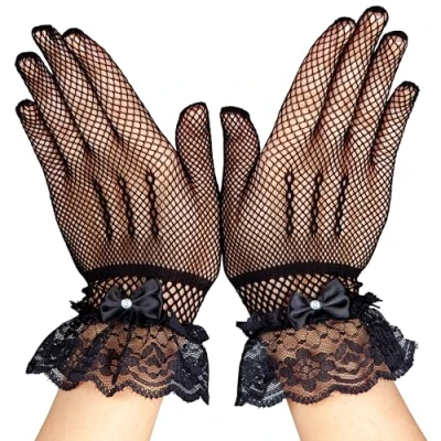 Image of Wicked Costumes Adult Ladies Short Fishnet Gloves with Lace and Diamantes Fancy Dress Accessory