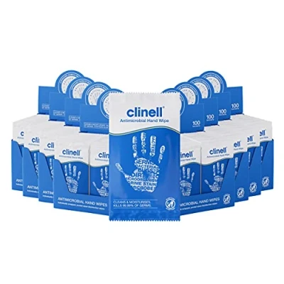 Image of Clinell Antimicrobial Hand Wipes Pack of 8 100 Individually Wrapped Sachets per (800 Wipes) Sanitising Wipes, Ideal for Travel Dermatologically Tested, Kills 99.99% Germs