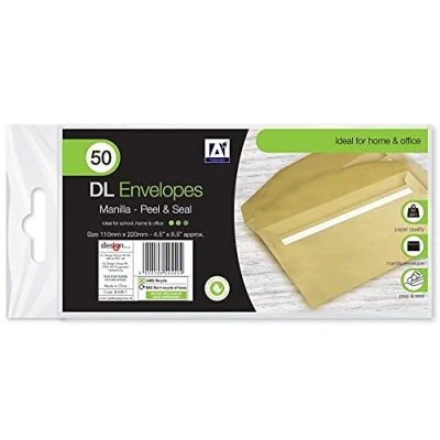 Image of DL Envelopes Manilla Pack of 50 Peel and Seal, Size 220mm x 110mm