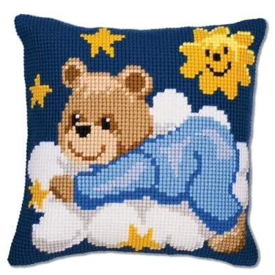 Image of Vervaco Blue Teddy Cross Stitch Cushion, Multi Colour