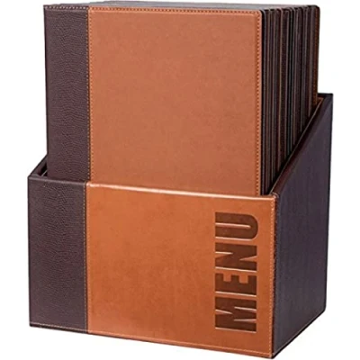 Image of Securit Trendy Leather Style Menu Holders in Light Brown Box Displays 4x A4 Set of 20 Holder