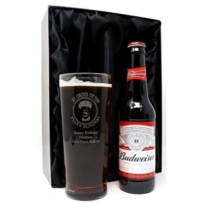 Image of Personalised Engraved Pint Glass &amp; Beer Gift Set Peaky Blinders Design (Budweiser Lager Beer, Silk Lined Box)