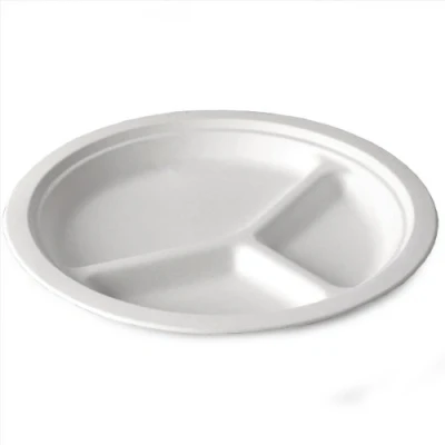 Image of Dispo Bagasse 3 Compartment Round Plates 10inch Set of 500 Sugarcane Disposable