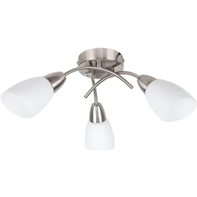 Image of Tiners Modern 3 Way Brushed Chrome Curved Arm Cross Over Design Flush Ceiling Light Fitting with Frosted Glass Shades