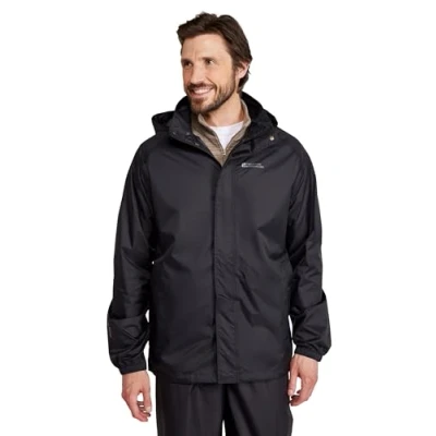 Image of Mountain Warehouse Pakka Mens Waterproof Packable Jacket IsoDry, Lightweight &amp; Breathable Raincoat with Taped Seams Packaway Bag For Autumn Winter Travel Black XS