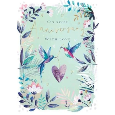 Image of Artistic Anniversary Card from Ling Design Beautiful Hummingbirds Carrying a Heart Pretty Foil and Flitter Finish Greeting for Both of You (LD IA292)