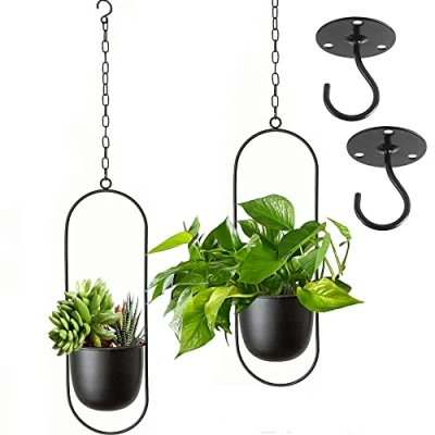 Image of VDYXEW Metal Hanging Flower Pot, Decoration Black Bolo Basket, Ceiling Planter for Indoor Plants, Succulents, Air Plants (Black 2 Pack)