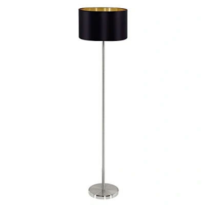 Image of Eglo E27 Matt Black/Gold Fabric Floor Lamp with Foot Switch &#039;MASERLO&#039;