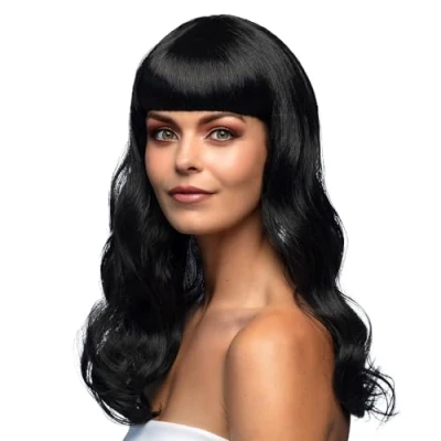 Image of Boland 85865 Chic Wig Black, Long Hair Straight, Unisex, with Bangs, Shiny, Carnival, Halloween, Fancy Dress, Theme Party, Theatre
